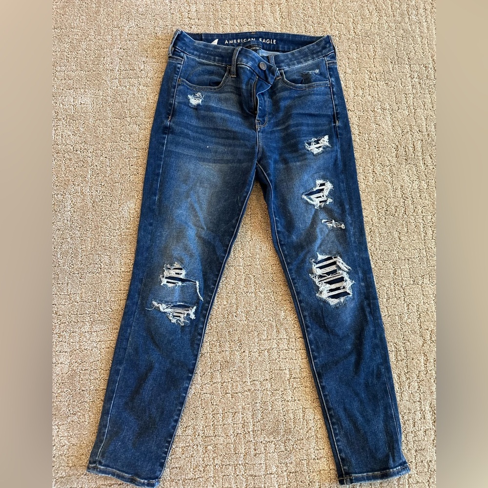 American Eagle Outfitters Blue Skinny Jeans with Distressed Details